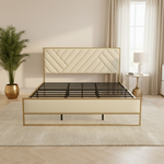 Upholstered Platform Bed with Velvet Tufted Headboard Beige Fabric + Gold Powdercaoted 