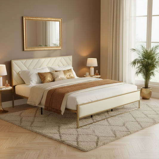 Upholstered Platform Bed with Velvet Tufted Headboard Beige Fabric + Gold Powdercaoted 