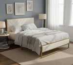 Upholstered Platform Bed with Velvet Tufted Headboard Beige Fabric + Gold Powdercaoted 