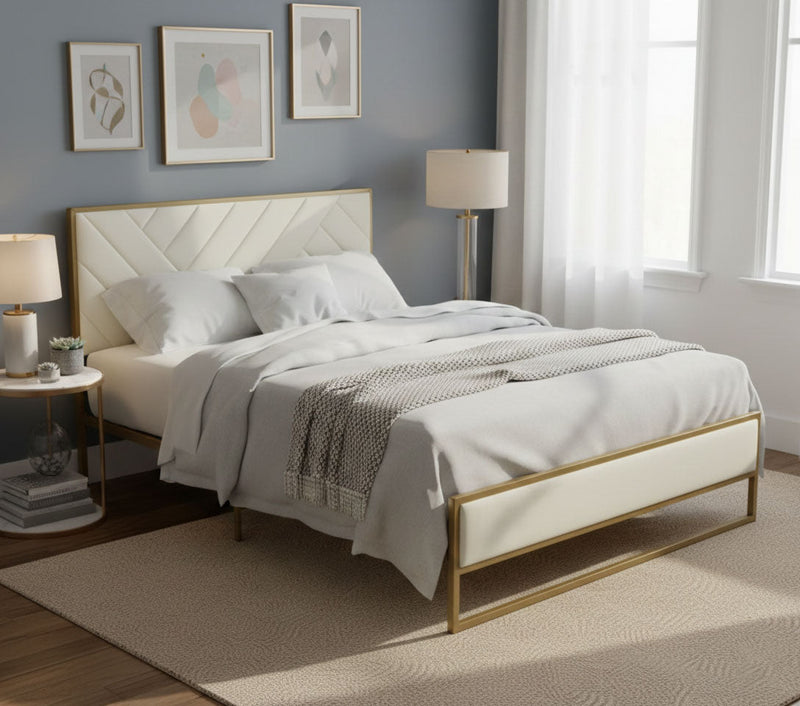 Upholstered Platform Bed with Velvet Tufted Headboard Beige Fabric + Gold Powdercaoted 