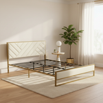 Upholstered Platform Bed with Velvet Tufted Headboard Beige Fabric + Gold Powdercaoted 