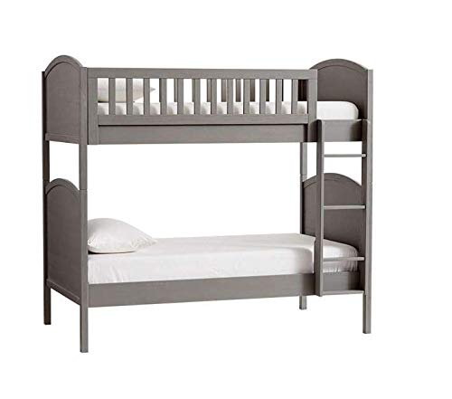 A gray wooden bunk bed with a ladder on the side, featuring a lower twin bed and an upper full bed, with a solid pattern.