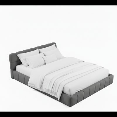 Katence Elegant Linen Platform Bed with Upholstered Headboard and Solid Frame Stability Beige Fabric