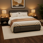 Upholstered Platform Bed Modern Bed Frame with Charging Station, Bed Metal with Velvet Tufted Headboard, No Spring Boxing Needed Grey Fabric + Black Powdercaoted 