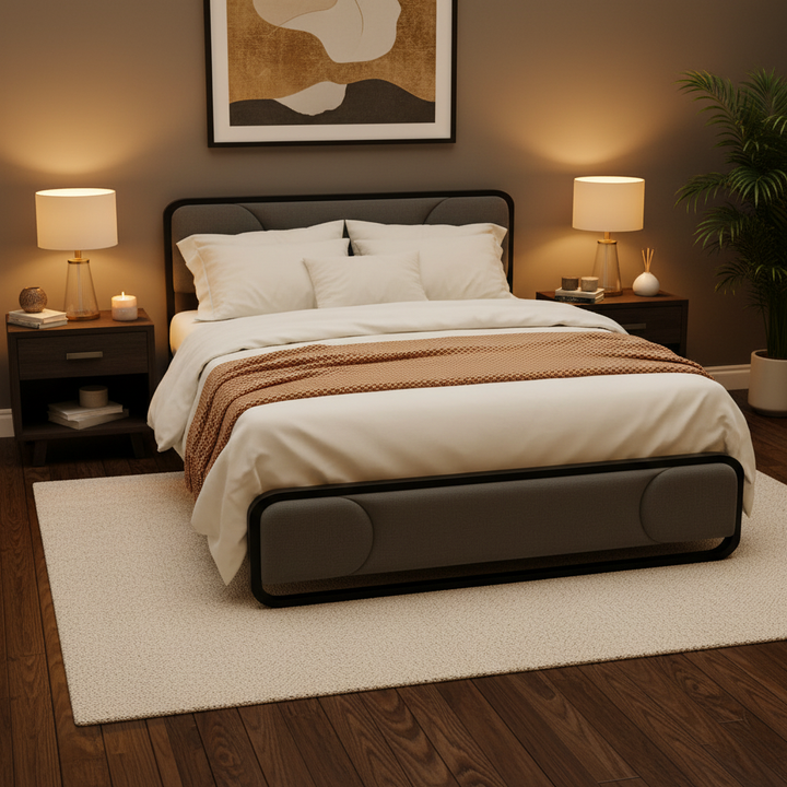Translation missing: en.Upholstered Platform Bed Modern Bed Frame with Charging Station, Bed Metal with Velvet Tufted Headboard, No Spring Boxing Needed Grey Fabric + Black Powdercaoted 
