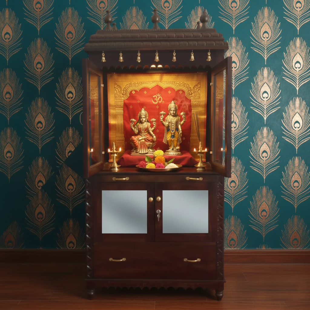 Handcrafted Sheesham Wood Temple with 1 Drawer for Pooja Room | Temple for Home | Pooja Mandir | Full Size |Brown Finish 