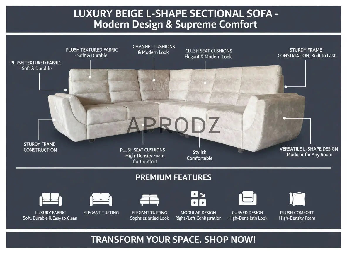 L-Shaped Sectional 6-Seater Sofa with Tufted Cushion Padded Armrest Perfect Fabric Corner Sofa for Guests Living Room, Drawing Room, Office & Lounge (Light Grey) 