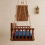 Wooden Hanging Swing with Blue Cushion – Traditional Handcrafted Wooden Jhula with Decorative Backrest for Home, Balcony & Garden 