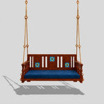 Wooden Hanging Swing with Blue Cushion – Traditional Handcrafted Wooden Jhula with Decorative Backrest for Home, Balcony & Garden 