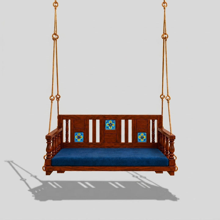 Translation missing: en.Wooden Hanging Swing with Blue Cushion – Traditional Handcrafted Wooden Jhula with Decorative Backrest for Home, Balcony &amp; Garden 