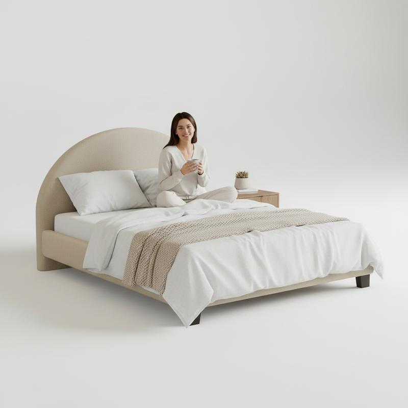 Upholstered Bed Frame, Green Fabric with Wooden Construction, Arched Headboard Platform Bed 