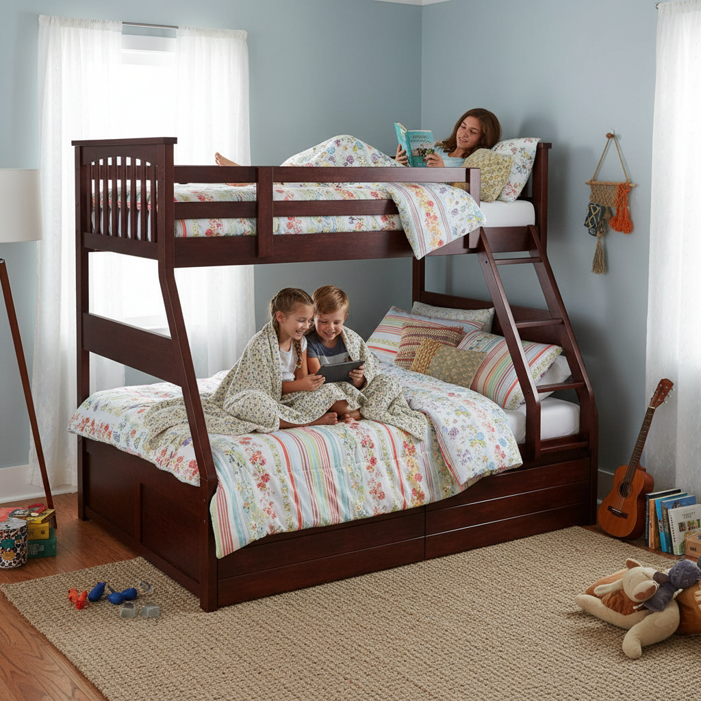 Sheesham Twin/Queen Bunk Bed with 2 Drawer Storage for Bedroom (Rosewood - Brown) 