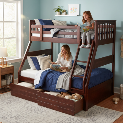 Sheesham Twin/Queen Bunk Bed with 2 Drawer Storage for Bedroom (Rosewood - Brown) 