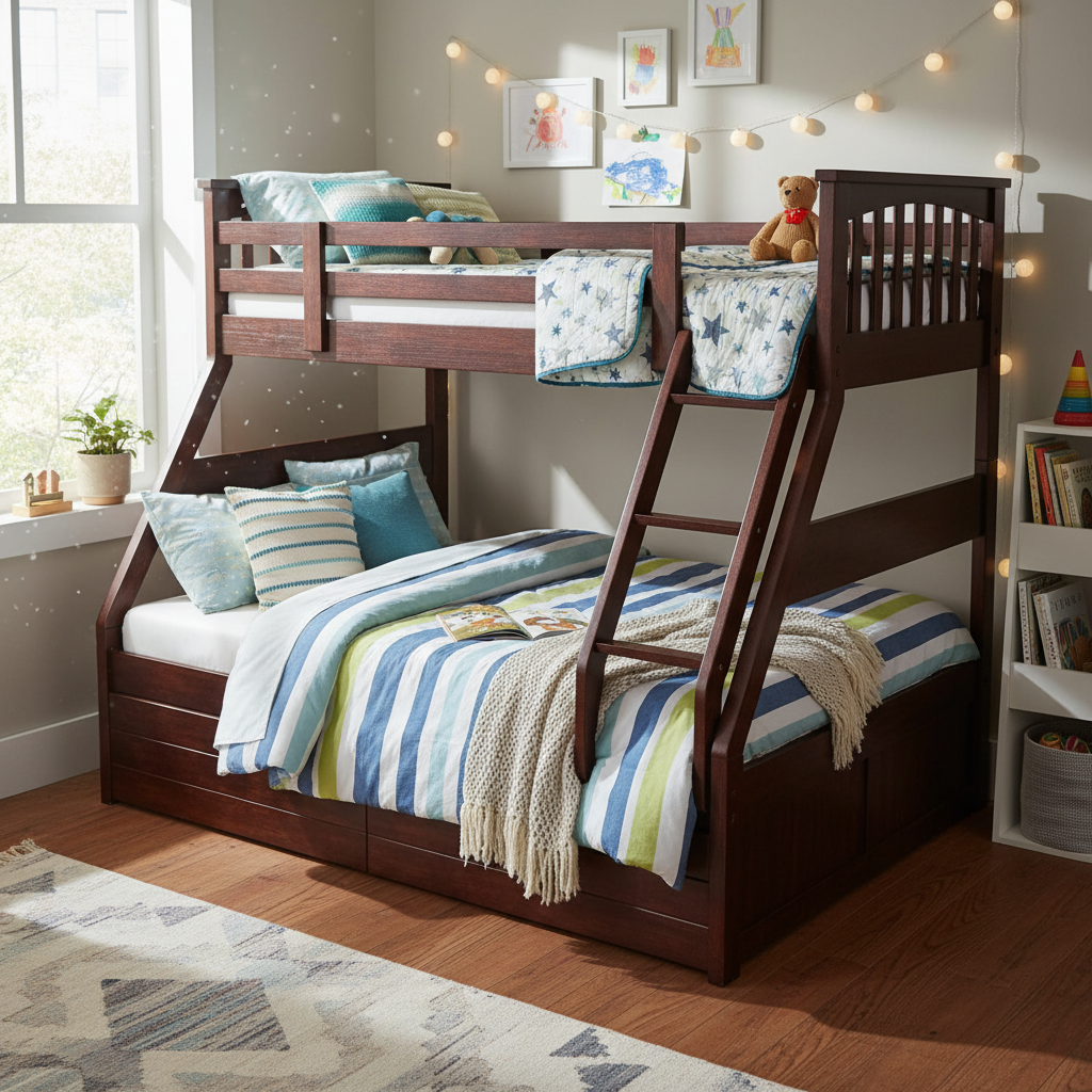 Sheesham Twin/Queen Bunk Bed with 2 Drawer Storage for Bedroom (Rosewood - Brown)