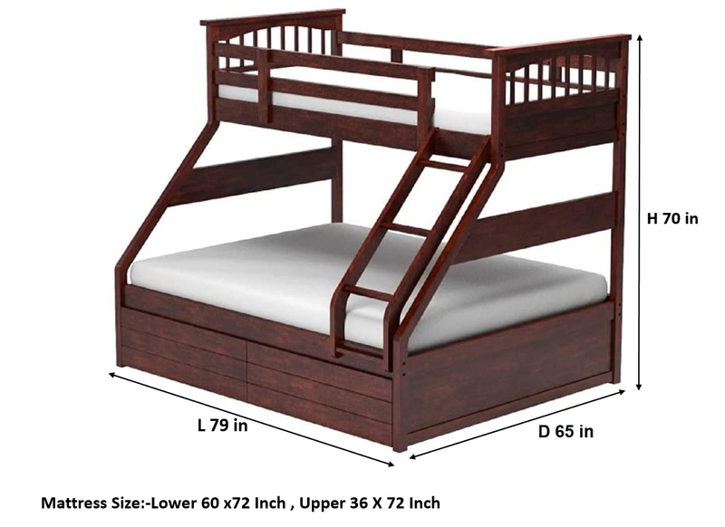 Sheesham Twin/Queen Bunk Bed with 2 Drawer Storage for Bedroom (Rosewood - Brown) 