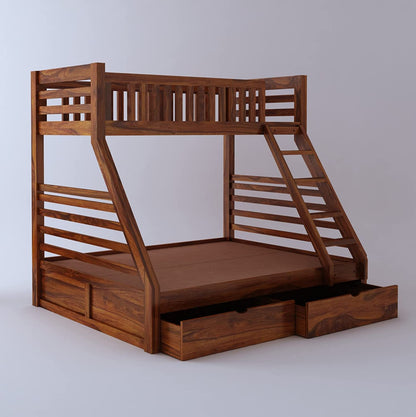 Wooden bunk bed with ladder and guardrails on a plain background