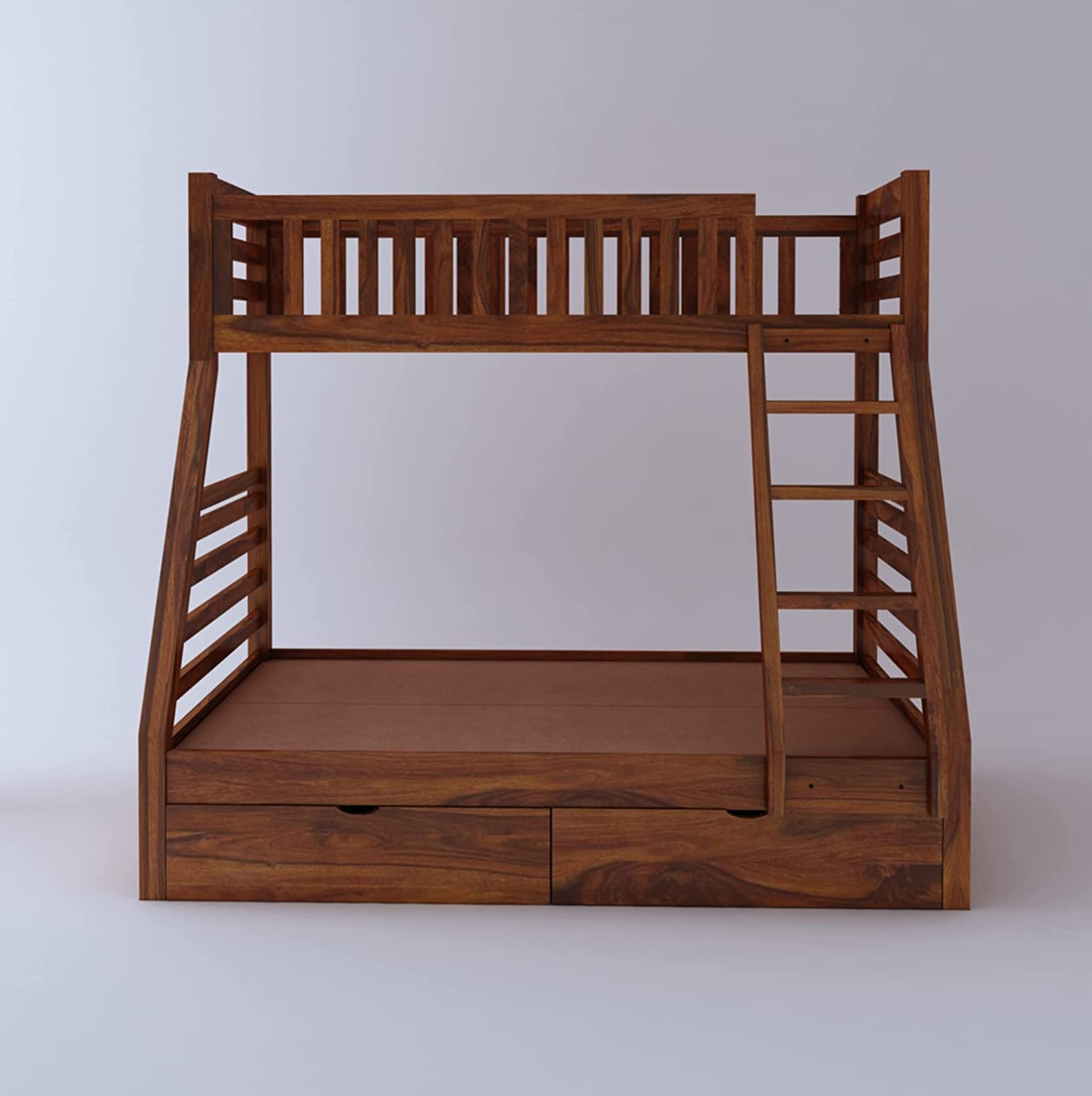 Wooden bunk bed with ladder and guardrails on a plain background