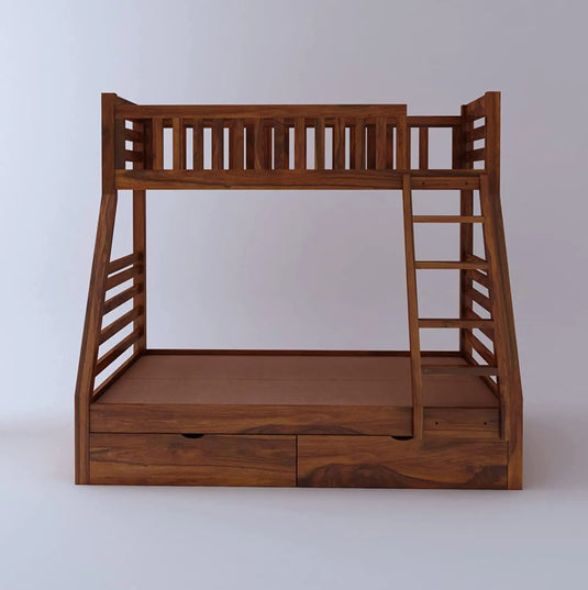 Translation missing: en.Wooden bunk bed with ladder and guardrails on a plain background