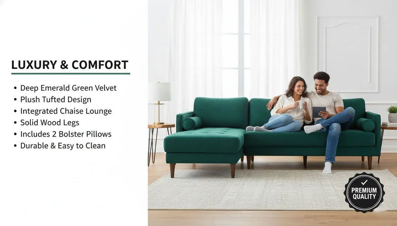 MidCen Wooden LHS L Shape 3 Seater Sectional Sofa Set with High-Density Comfortable Foam for Living Room (Fabric- Velvet Dark Green) 