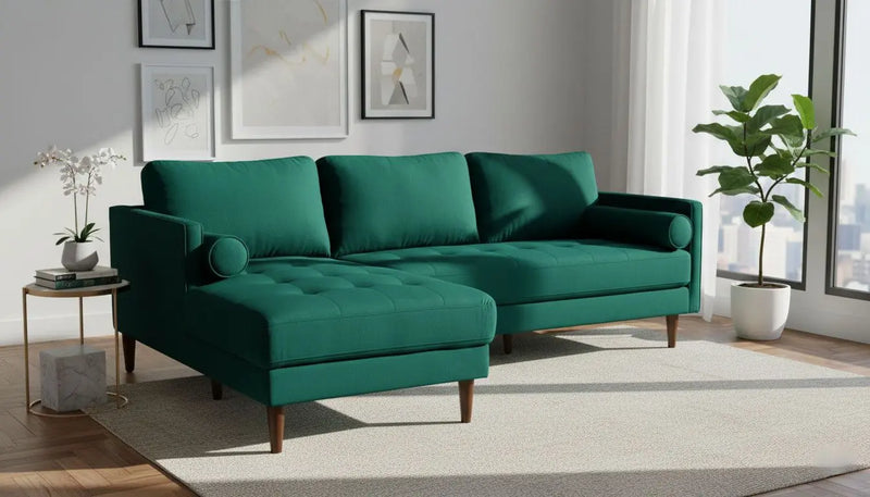 MidCen Wooden LHS L Shape 3 Seater Sectional Sofa Set with High-Density Comfortable Foam for Living Room (Fabric- Velvet Dark Green) 