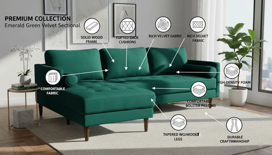 Translation missing: en.MidCen Wooden LHS L Shape 3 Seater Sectional Sofa Set with High-Density Comfortable Foam for Living Room (Fabric- Velvet Dark Green) 