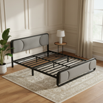 Upholstered Platform Bed Modern Bed Frame with Charging Station, Bed Metal with Velvet Tufted Headboard, No Spring Boxing Needed Grey Fabric + Black Powdercaoted 