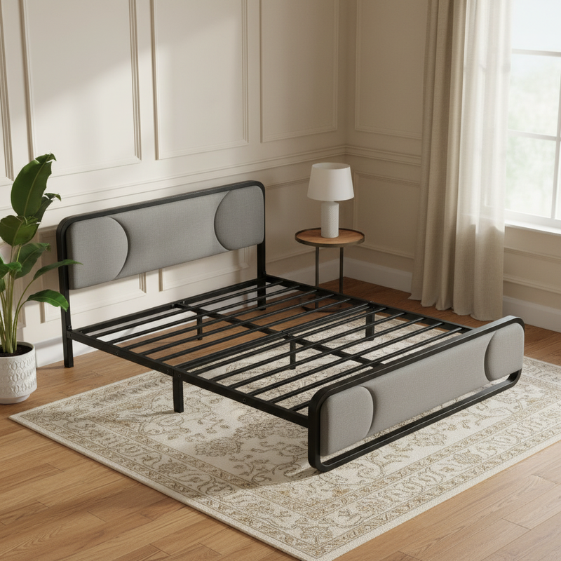 Upholstered Platform Bed Modern Bed Frame with Charging Station, Bed Metal with Velvet Tufted Headboard, No Spring Boxing Needed Grey Fabric + Black Powdercaoted 