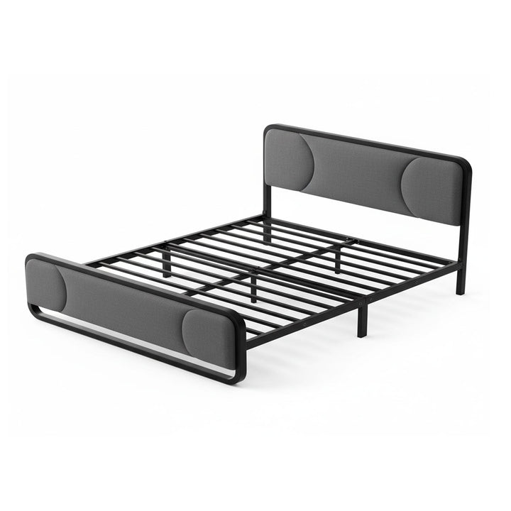 Translation missing: en.Upholstered Platform Bed Modern Bed Frame with Charging Station, Bed Metal with Velvet Tufted Headboard, No Spring Boxing Needed Grey Fabric + Black Powdercaoted 
