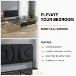 Modern Metal Platform Bed Frame with Upholstered Velvet Tufted Headboard & Heavy-Duty Slat Support - Black 