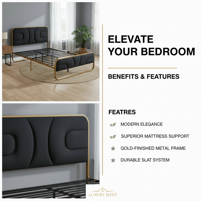 Modern Metal Platform Bed Frame with Upholstered Velvet Tufted Headboard & Heavy-Duty Slat Support - Black 