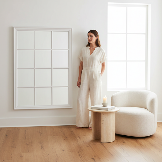 Translation missing: en.Large Matte White Window Mirror 130×95 cm | Decorative Grid Frame Wall Mirror | Oversized Statement Mirror for Living Room, Bedroom, Hallway &amp; Home Décor 