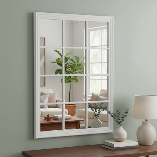 Translation missing: en.Large Matte White Window Mirror 130×95 cm | Decorative Grid Frame Wall Mirror | Oversized Statement Mirror for Living Room, Bedroom, Hallway &amp; Home Décor 
