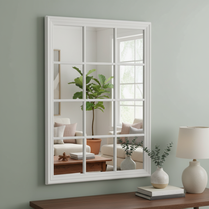 Translation missing: en.Large Matte White Window Mirror 130×95 cm | Decorative Grid Frame Wall Mirror | Oversized Statement Mirror for Living Room, Bedroom, Hallway &amp; Home Décor 