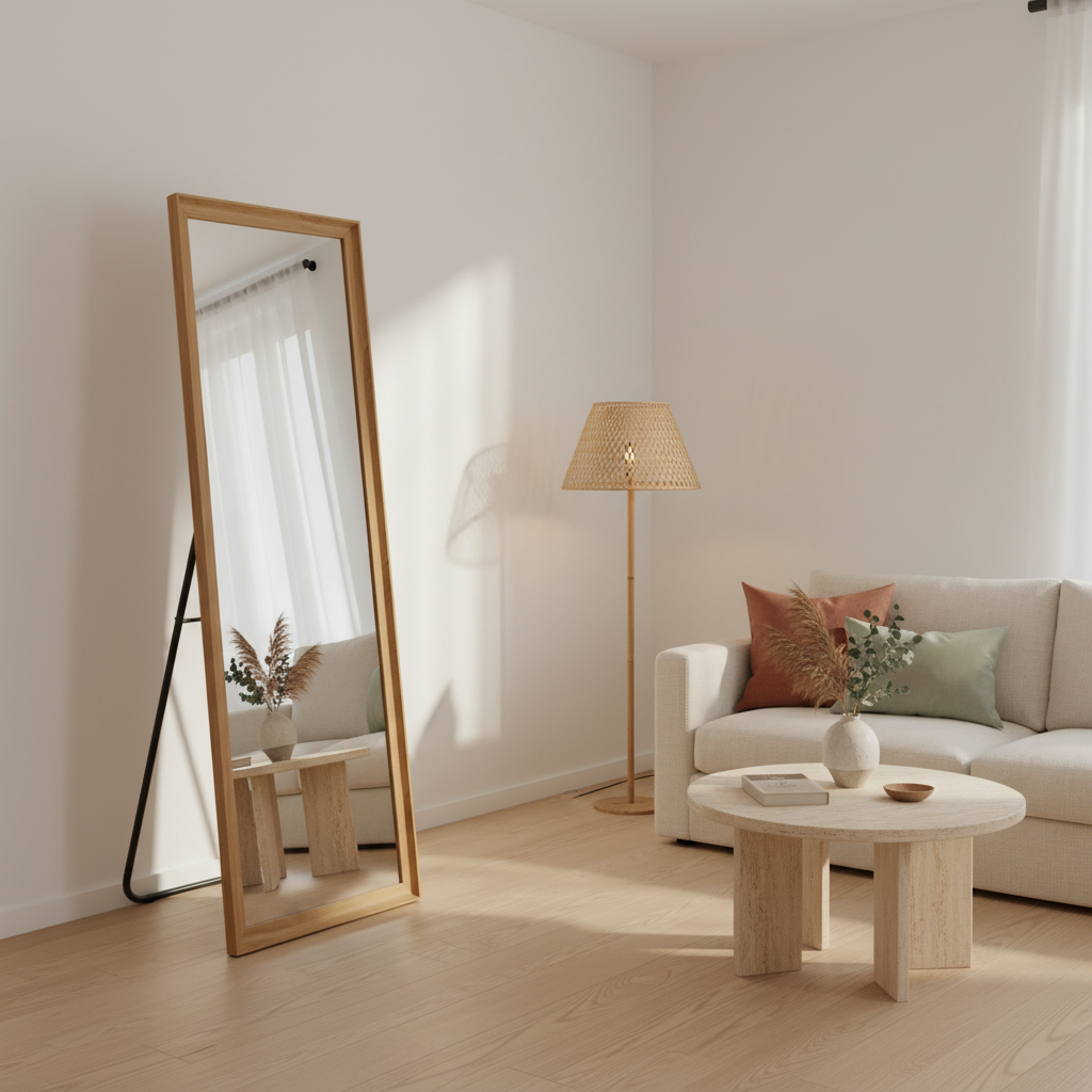 Full Length Mirror with Wooden Frame | 65×22 Inch Floor Standing Full Body Mirror | HD Large Dressing Mirror with Stand & Wall Hanging Option for Bedroom, Living Room & Studio 