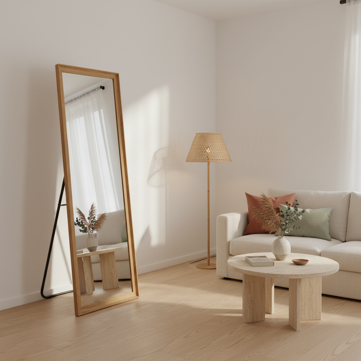 Translation missing: en.Full Length Mirror with Wooden Frame | 65×22 Inch Floor Standing Full Body Mirror | HD Large Dressing Mirror with Stand &amp; Wall Hanging Option for Bedroom, Living Room &amp; Studio 