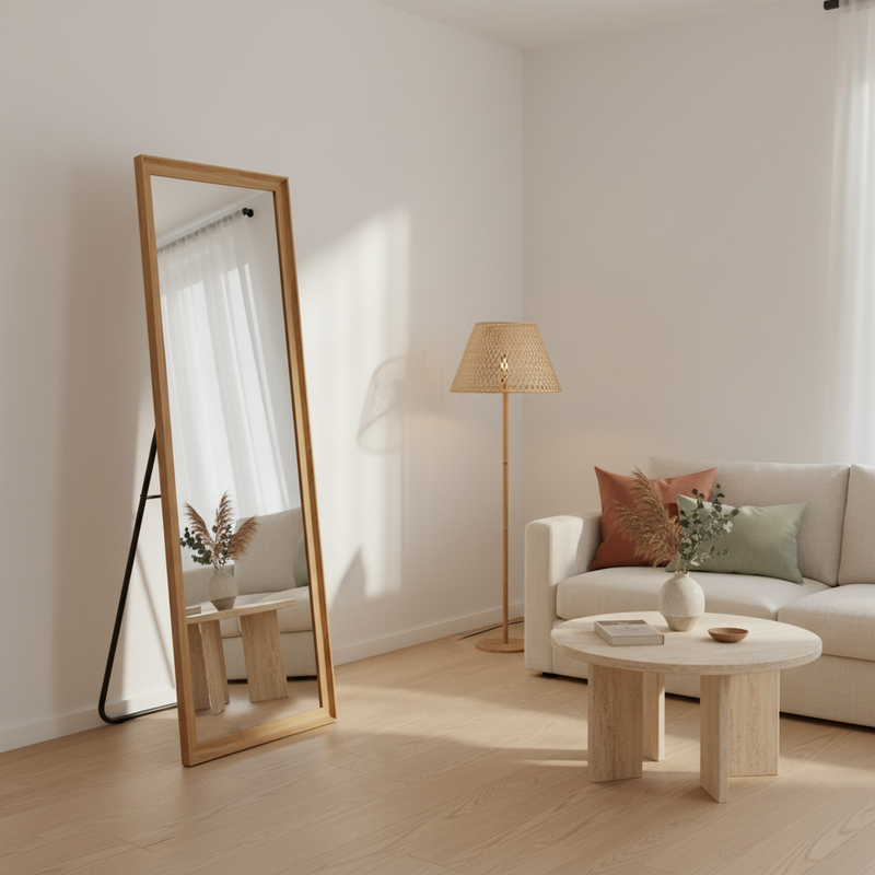 Full Length Mirror with Wooden Frame | 65×22 Inch Floor Standing Full Body Mirror | HD Large Dressing Mirror with Stand & Wall Hanging Option for Bedroom, Living Room & Studio 