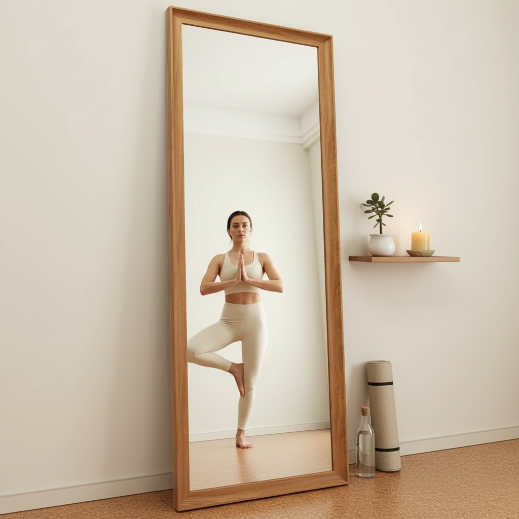 Full Length Mirror with Wooden Frame | 65×22 Inch Floor Standing Full Body Mirror | HD Large Dressing Mirror with Stand & Wall Hanging Option for Bedroom, Living Room & Studio 