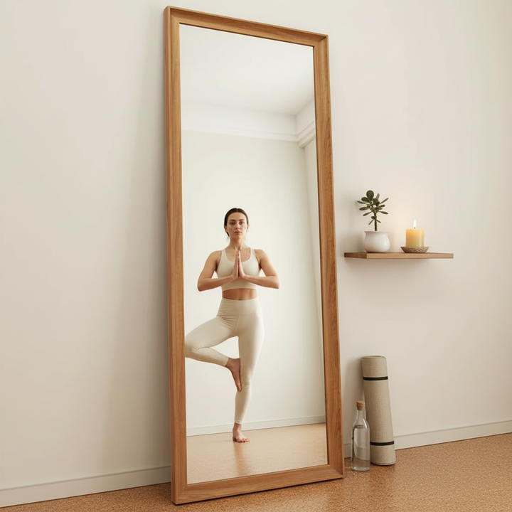 Translation missing: en.Full Length Mirror with Wooden Frame | 65×22 Inch Floor Standing Full Body Mirror | HD Large Dressing Mirror with Stand &amp; Wall Hanging Option for Bedroom, Living Room &amp; Studio 