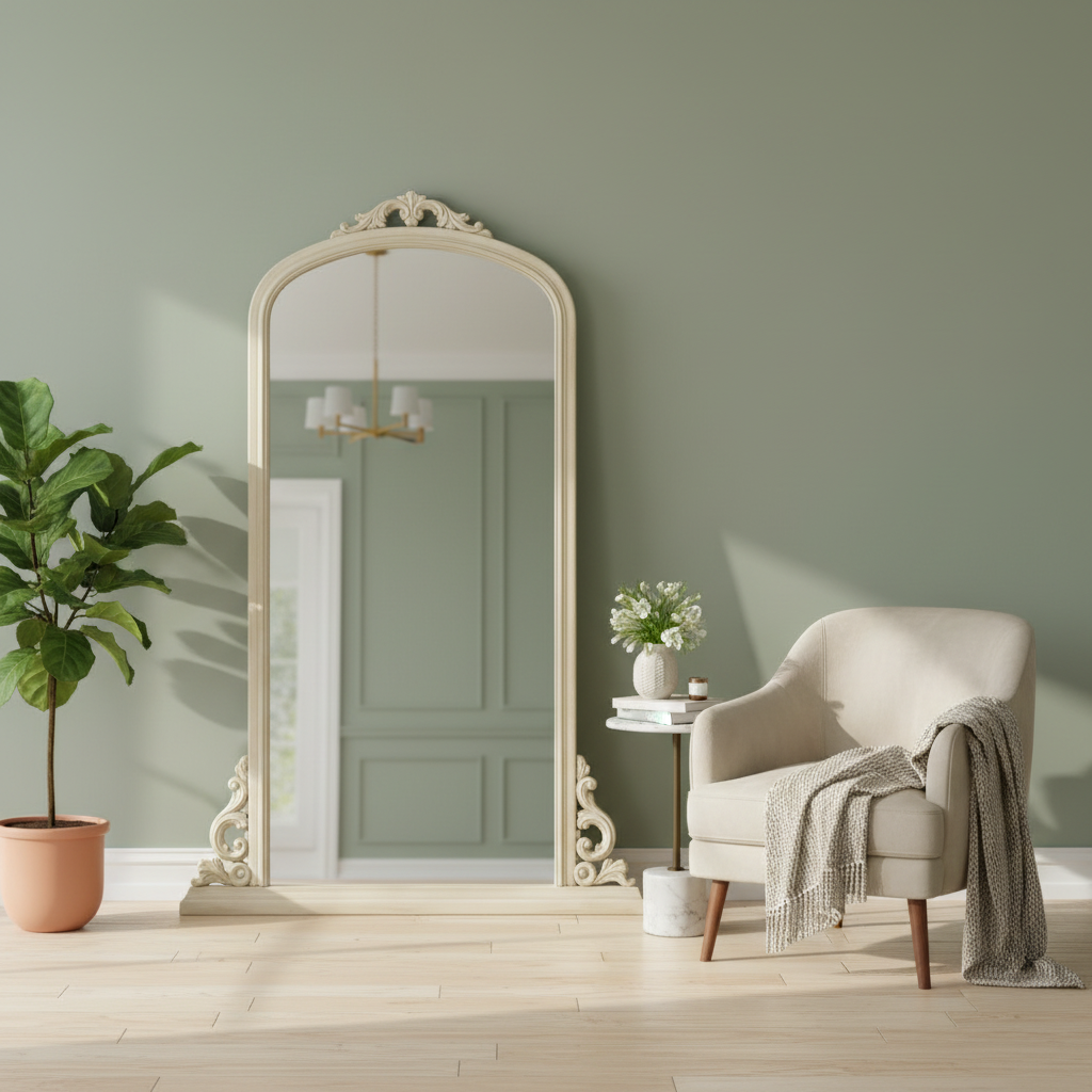 Mango Wood Thana Standing Wall Decorative Mirror Frame| Wooden Mirror | White Finish 