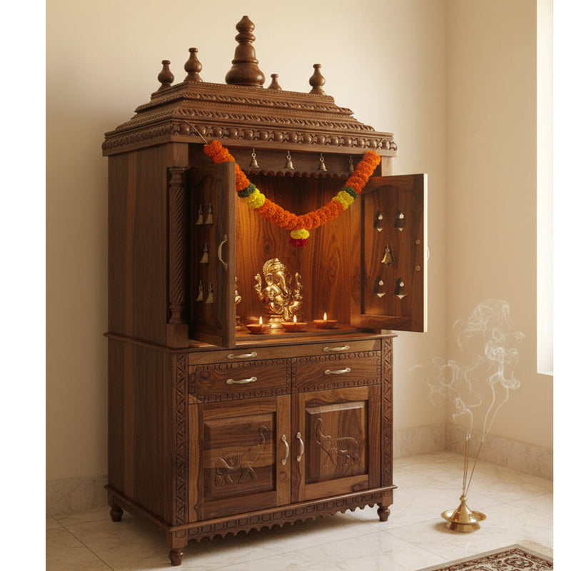 Handcrafted Sheesham Wood Temple with 2 Drawer for Pooja Room | Temple for Home 