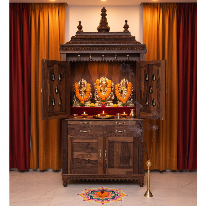 Handcrafted Sheesham Wood Temple with 2 Drawer for Pooja Room | Temple for Home 