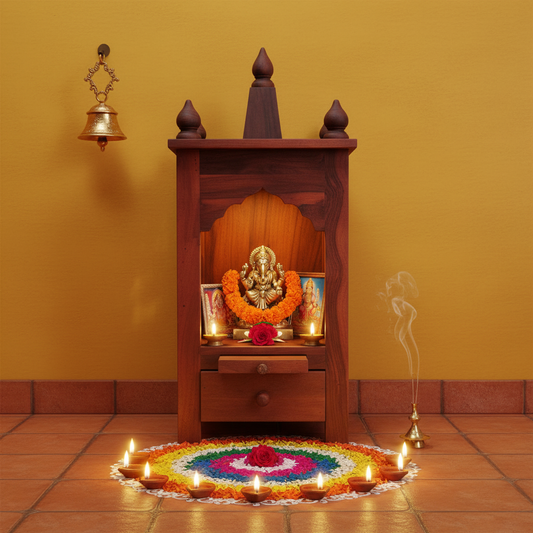 Handcrafted Sheesham Wood Temple with Storage for Pooja Room | Temple for Home | Pooja Mandir (Standard, Mahogany) 