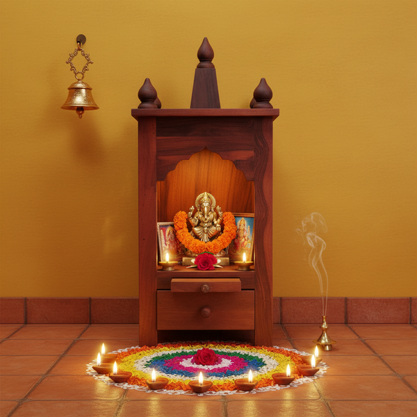 Handcrafted Sheesham Wood Temple with Storage for Pooja Room | Temple for Home | Pooja Mandir (Standard, Mahogany) 