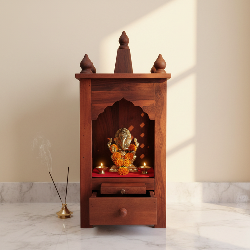 Handcrafted Sheesham Wood Temple with Storage for Pooja Room | Temple for Home | Pooja Mandir (Standard, Mahogany) 