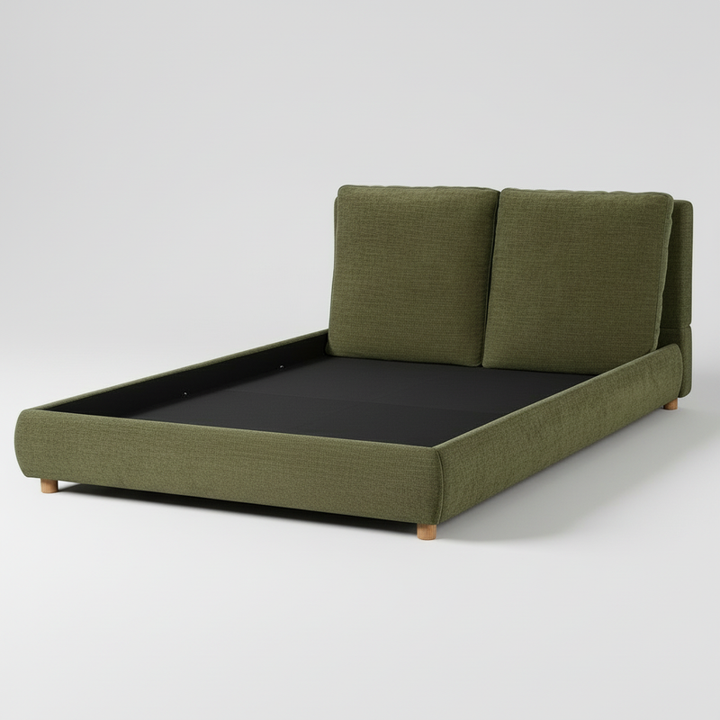 Boucle Fabric Upholstered Platform Bed with Two Removable Pillow Headboard, White Finish 