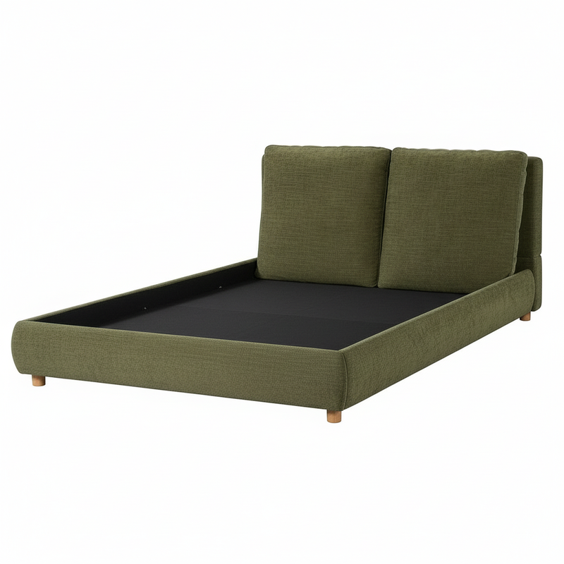 Boucle Fabric Upholstered Platform Bed with Two Removable Pillow Headboard, White Finish 