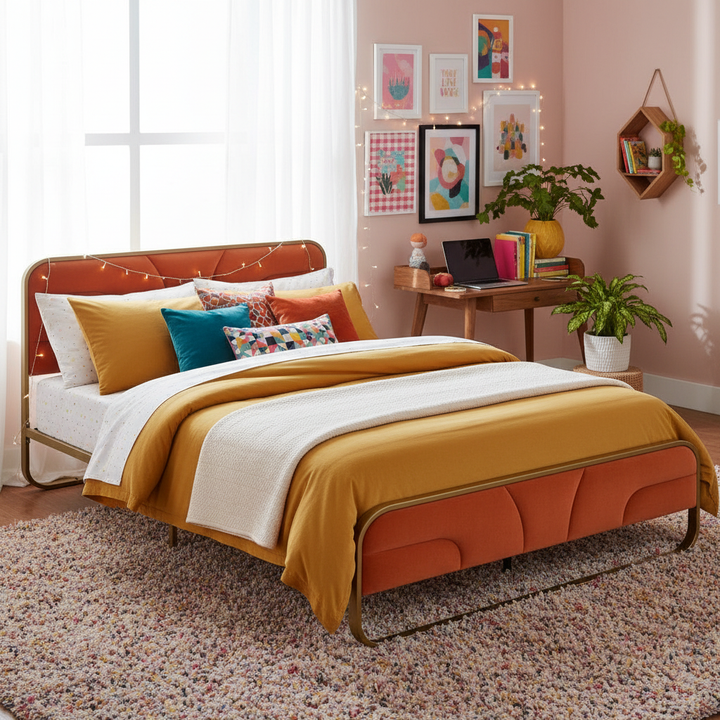 Translation missing: en.Modern Metal Platform Bed Frame with Upholstered Velvet Tufted Headboard &amp; Heavy-Duty Slat Support - Black 