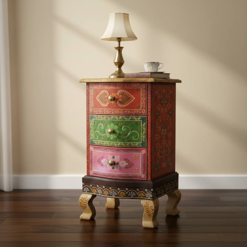 Modern Wooden Hand Painted 3 Drawer Cabinet for Living Room (Multicolour) 