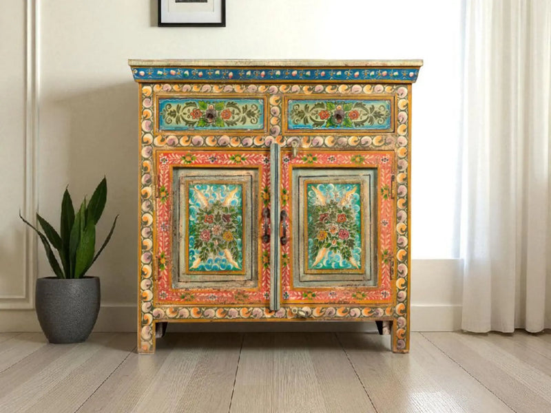 Wooden Handpainted Antique Cabinet with Door and Drawer Storage for Living Room (Multicolor) 