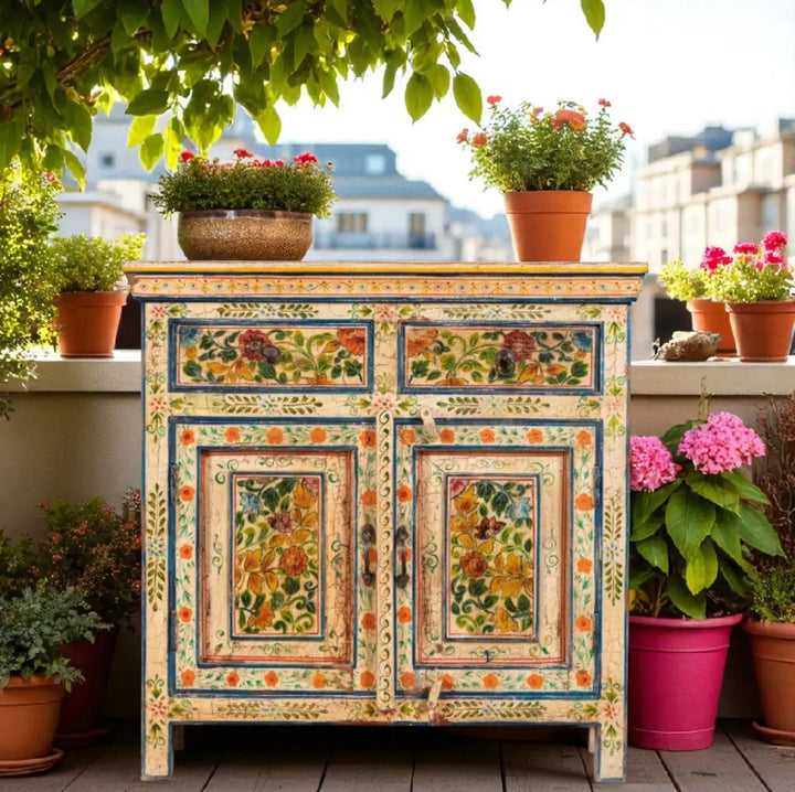 Translation missing: en.Wooden Handpainted Antique Cabinet with Door &amp; Drawer Storage for Living Room (Multicolor) 